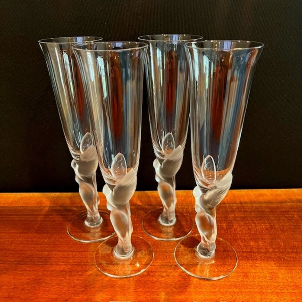(4) Igor Carl Faberge Kissing Doves Champagne Flutes Glasses France Signed